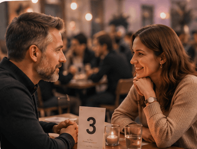 Участники speed dating беседуют за столиком при свечах